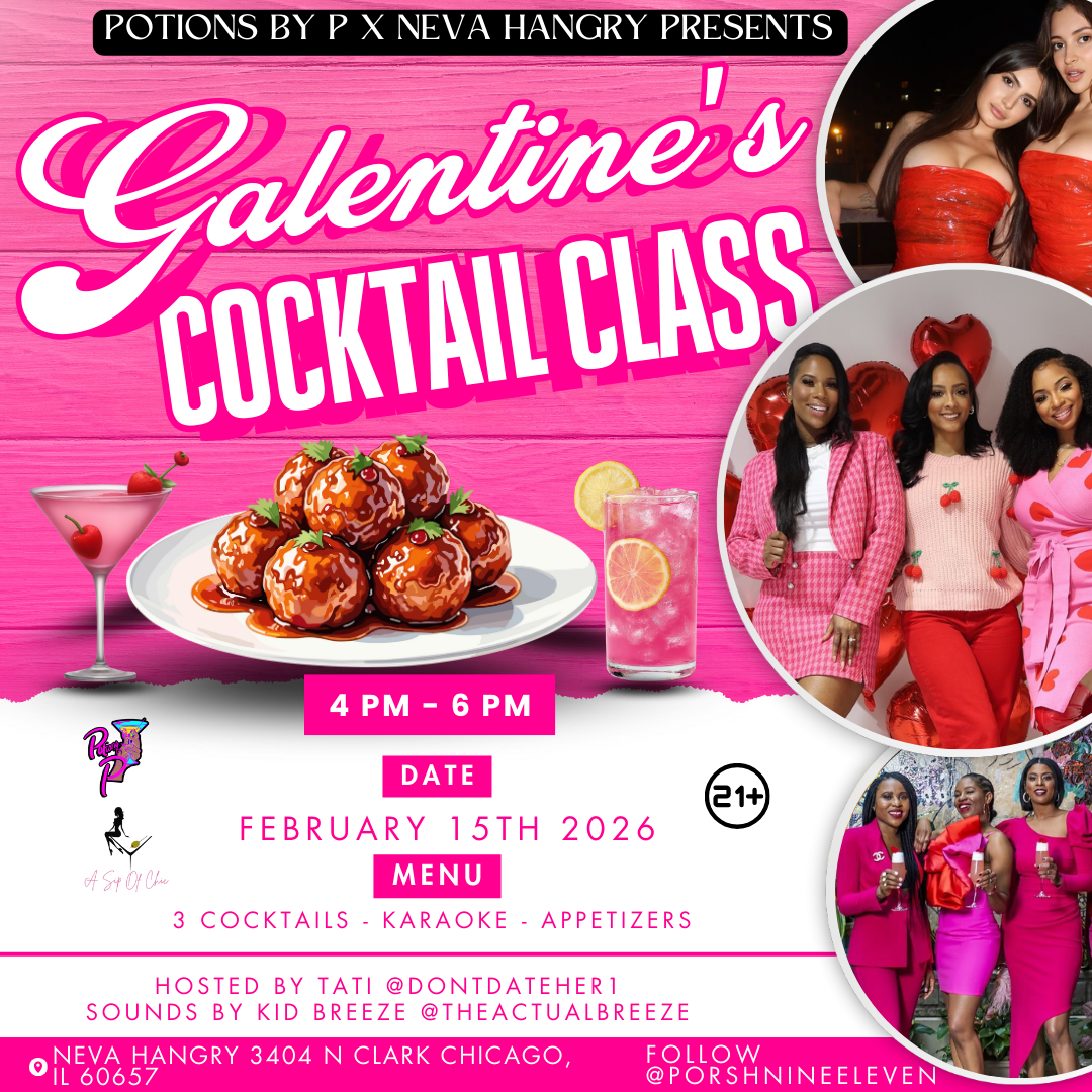 Galentine's Day cocktail class flyer hosted by Potions By P in Chicago