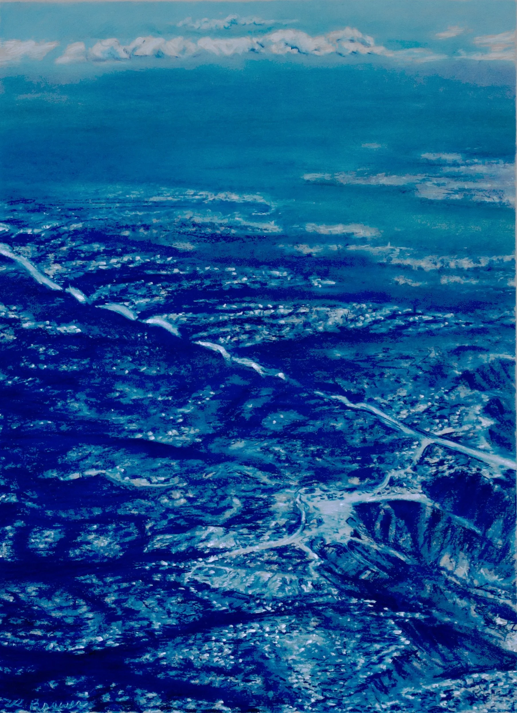 Arial 2- Snowy Ribbon in Mountains, 2024, Chalk Pastels, 24” x 18”