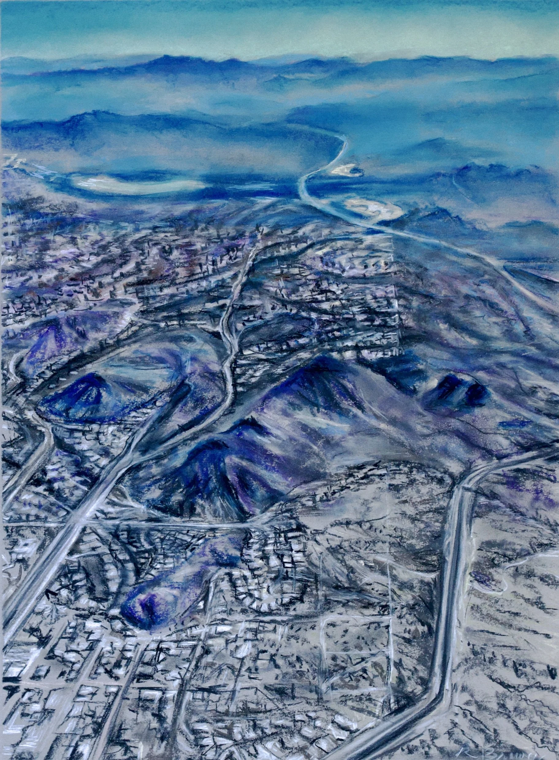 Arial 3- Mountains Meet City, 2024, Chalk Pastels, 24” x 18”