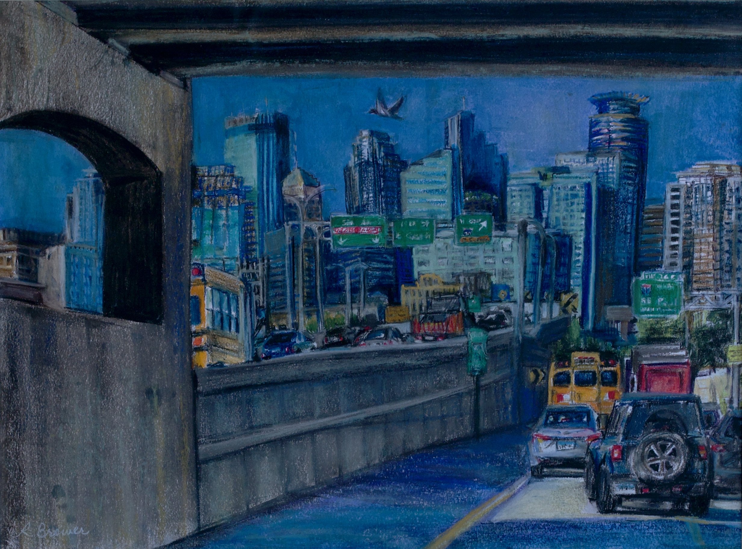 Minneapolis from Freeway Split, 2023, Chalk Pastels, 18” x 24”
