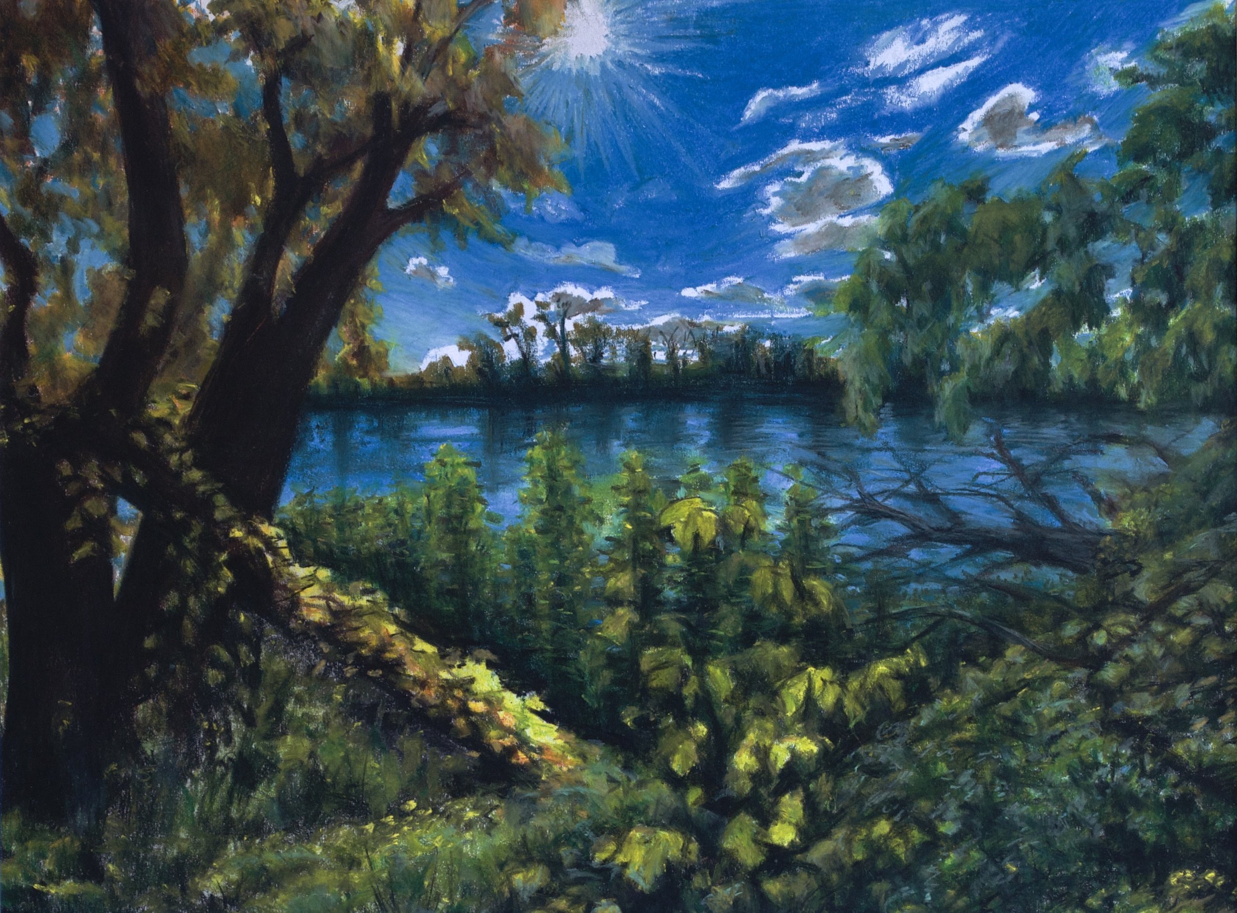 Sunny River, 2023, Chalk Pastels, 18” x 24”