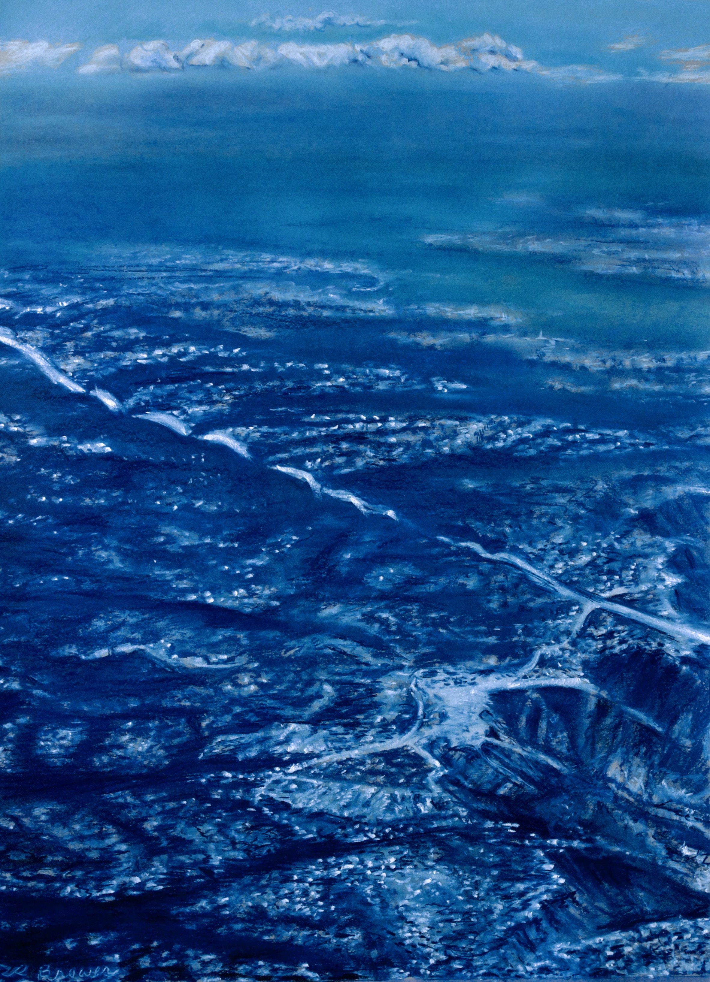 Arial 2- Snowy Ribbon in Mountains, 2024, Chalk Pastels, 24” x 18”