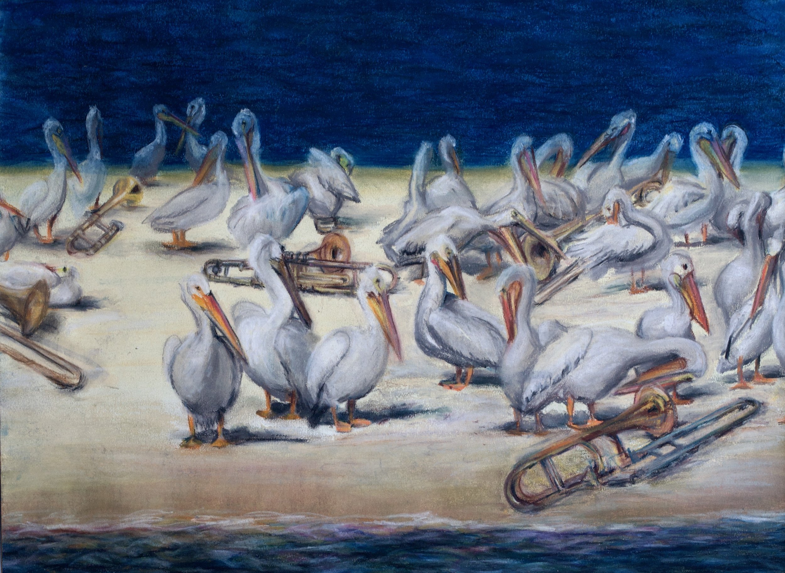 Pelicans and Trombones, 2023, Chalk Pastels, 18” x 24”