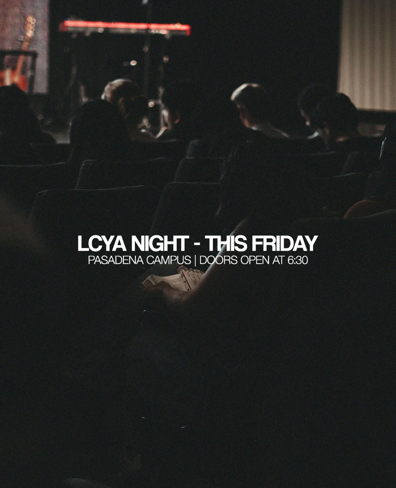 LCYA FAM!!

SERVICE IS THIS FRIDAY! 🔥🔥
Join us at the Pasadena campus at 6:30 for an amazing time of fellowship, worship and the WORD from Pastor Tito!

Bring your Bibles, invite a friend and we can&rsquo;t wait to see you there!