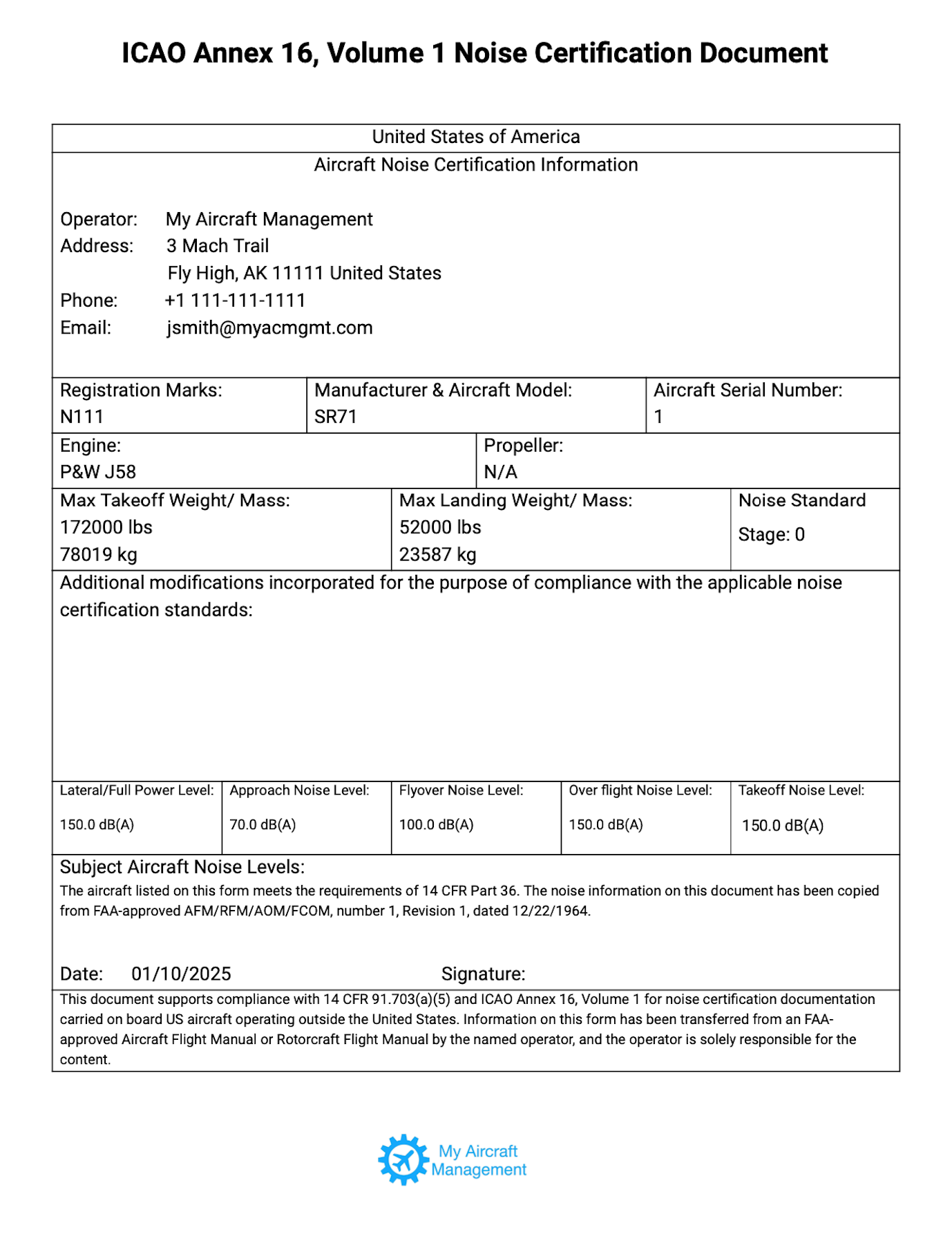 ICAO Annex 16, Volume 1 Noise Certification