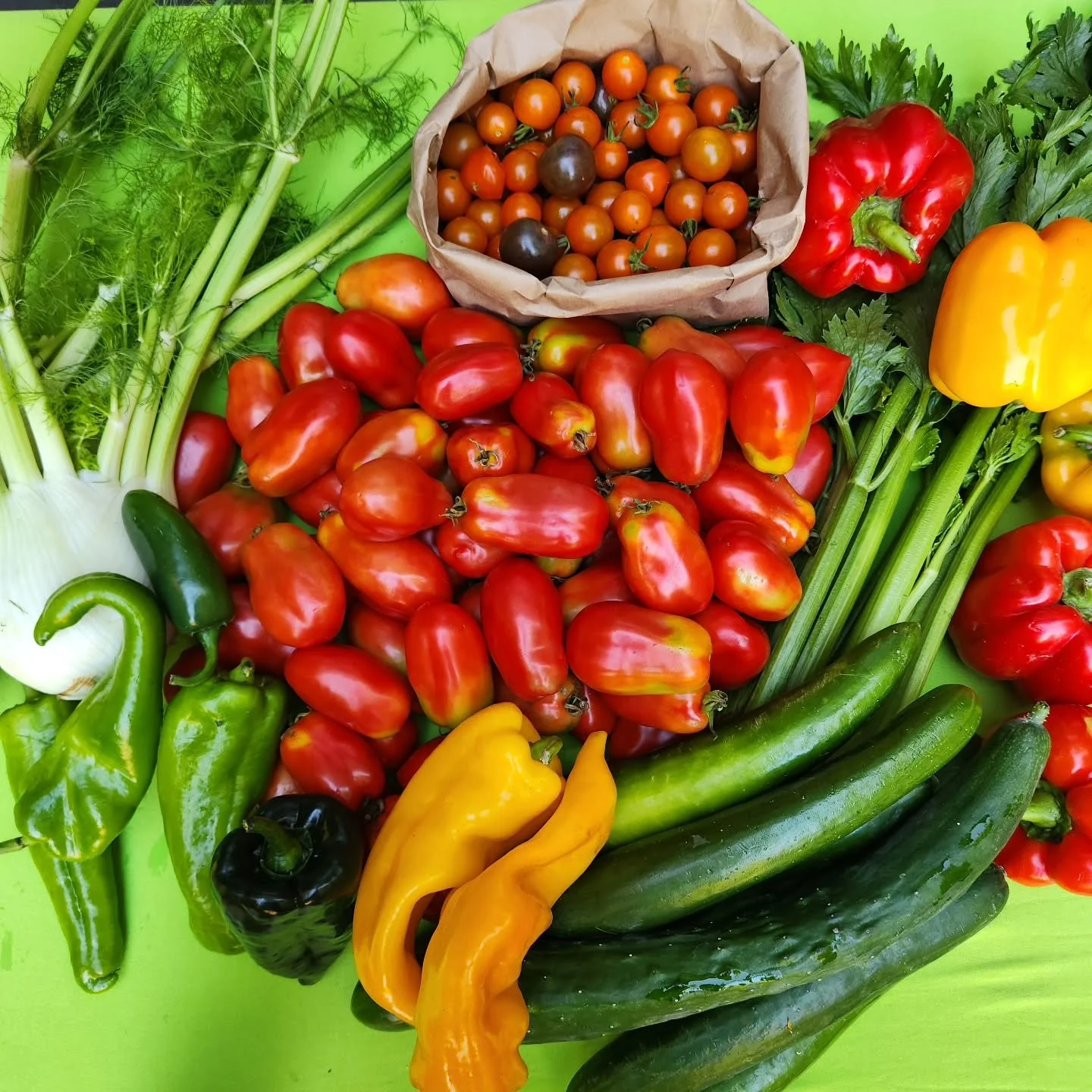 GAZPACHO! Savor every last drop of summer! 

Our End of Summer Gazpacho will be available at this weekend's markets,  featuring all your favorite farmers' veggies!

We gathered all the ingredients last weekend (see pic), allowed the tomatoes to ripen