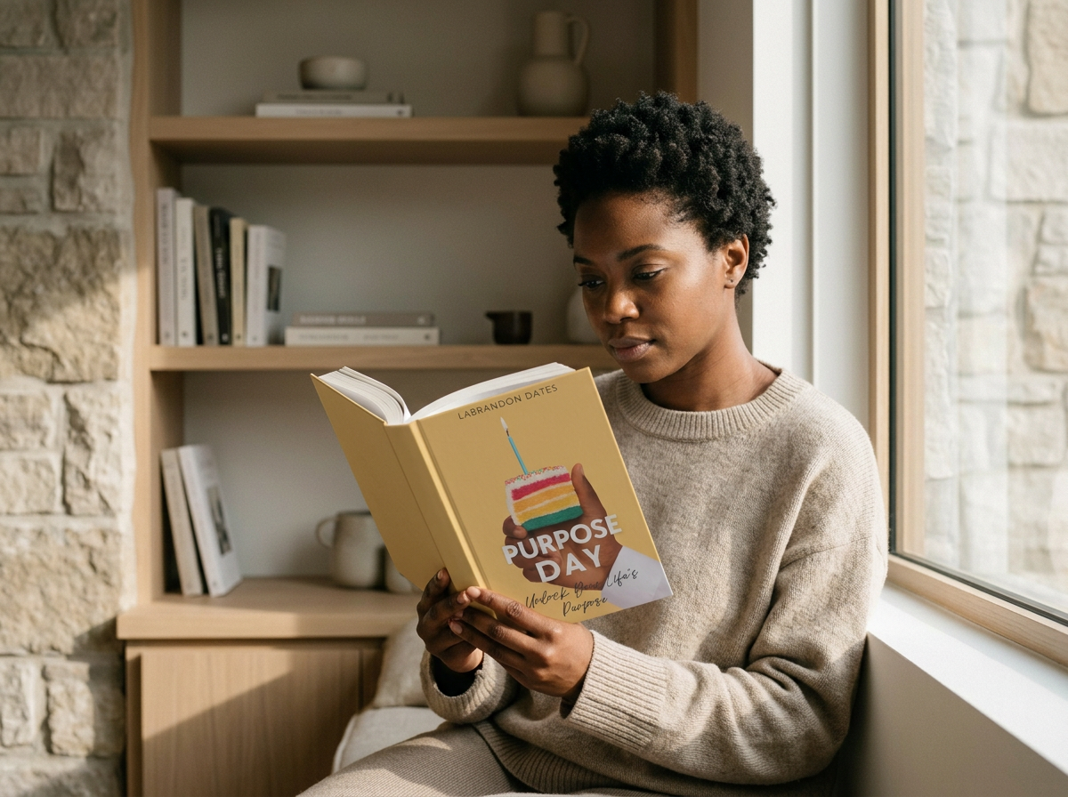 Woman reading Purpose Day book by LaBrandon Dates about finding your life purpose
