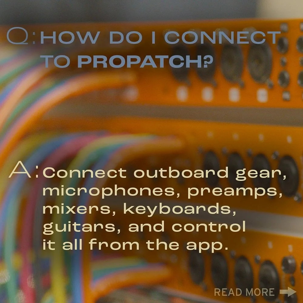 Plug your outboard gear, mics, instruments, and mixers directly into ProPatch and integrate gear already connected to a traditional TT patchbay into the ProPatch ecosystem &ndash; all controlled by the app. 

#propatch #analoggear #digitalpatchbay #p