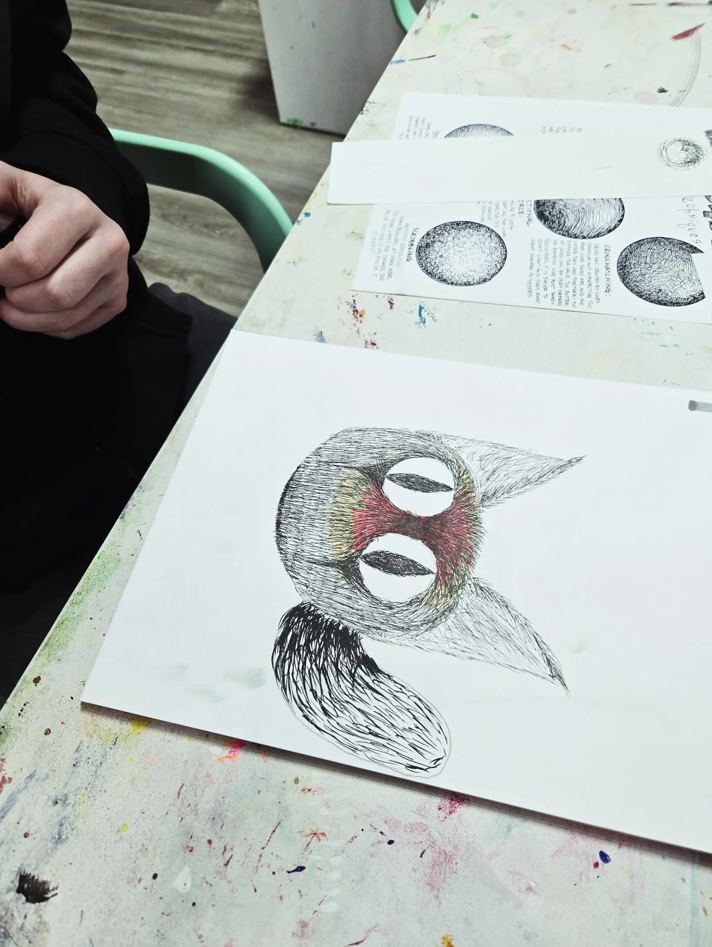 Scribbles! We have many lessons where we just make marks and see where it takes you. These middle school drawing students used hatching and crosshatching to create value. Thousands of tiny marks coming together.

And of course they wanted color. 

Wa