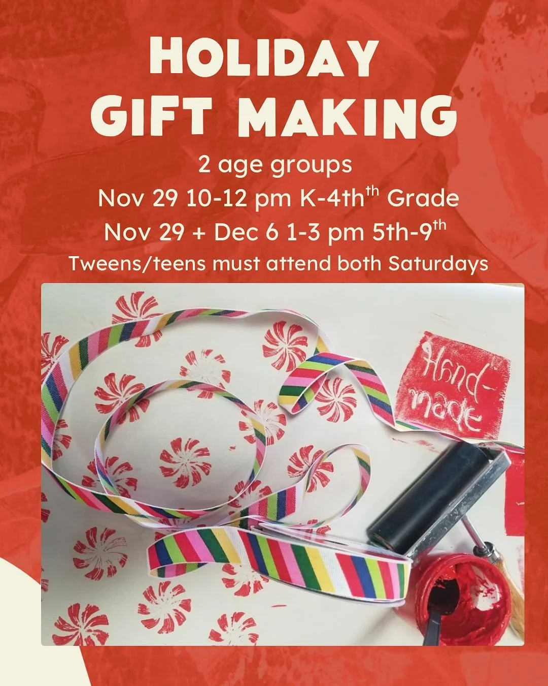 Cultivate creativity and artisnal gift giving during this holiday season. Drop the kids off on small business Saturday while you continue shopping local in @downtownop 

Options for 2 age groups:
Elementary age kids the morning of Nov 29
Tweens and t