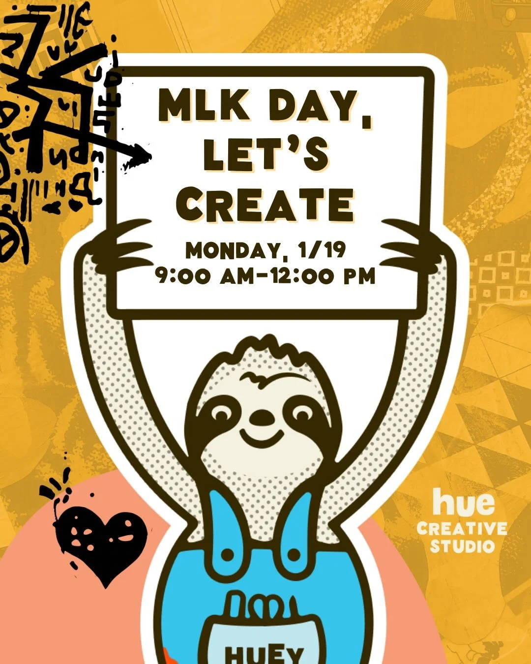 A very special School is Out: Art is In for MLK Jr. day! ❤️ 
Sign up under upcoming events at huecreativestudio.com

Using similar elements as Jean-Michel Basquiat like expressive lines, primary colors, and text, artists will create a mixed media art