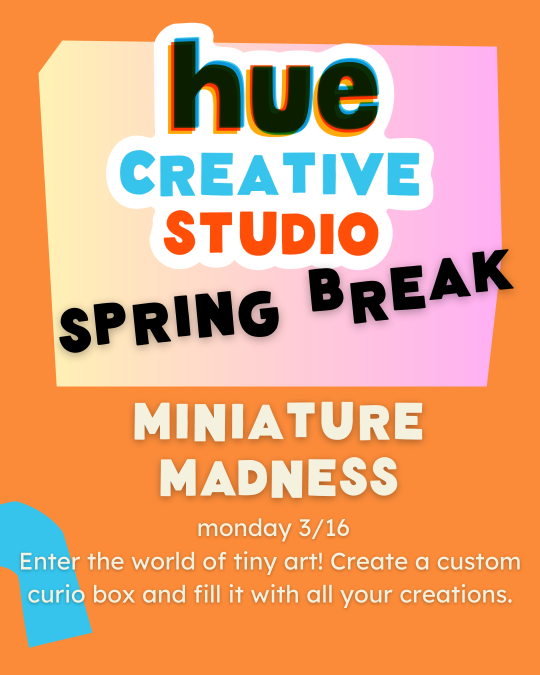 Event poster for Pop Art Monday on March 17, 2025, from 9:30 am to 3 pm, featuring Warhol, bold lines, and paint with colorful abstract background and a pink cupcake illustration.