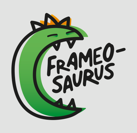 A cartoon dinosaur head with a green body, orange spikes on top, and sharp teeth, alongside the text 'FRAMEO-SAURUS'.