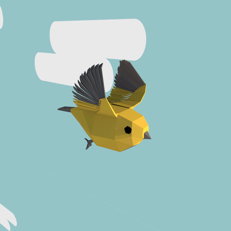 Low-poly illustration of a yellow bird with black wings flying in front of a light blue background with white clouds.