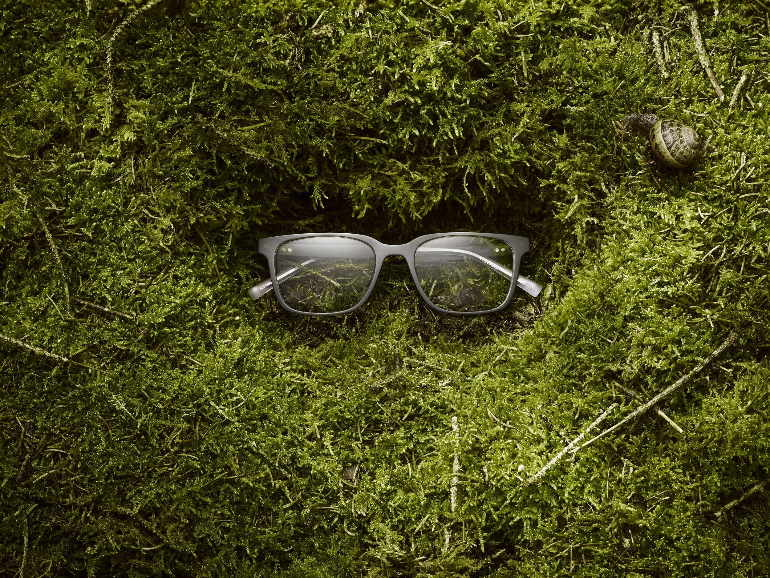 A pair of gray sunglasses resting on green moss with a small snail nearby.