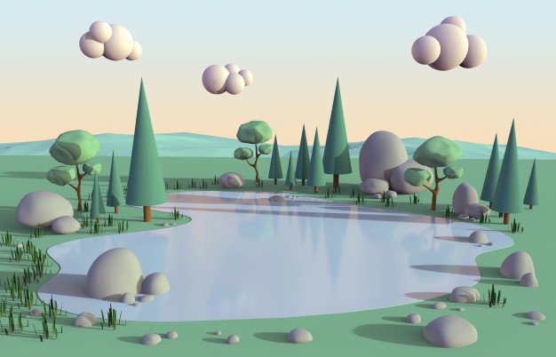 Cartoon-style landscape of a pond surrounded by trees, rocks, and clouds in the sky.