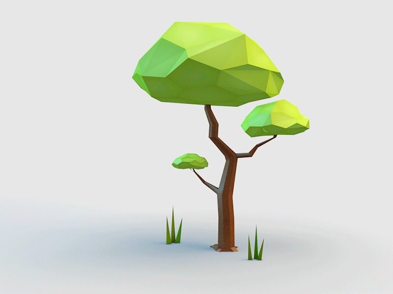 Low poly digital illustration of a stylized tree with three green, polygonal foliage and a brown trunk, with small grass patches around the base.