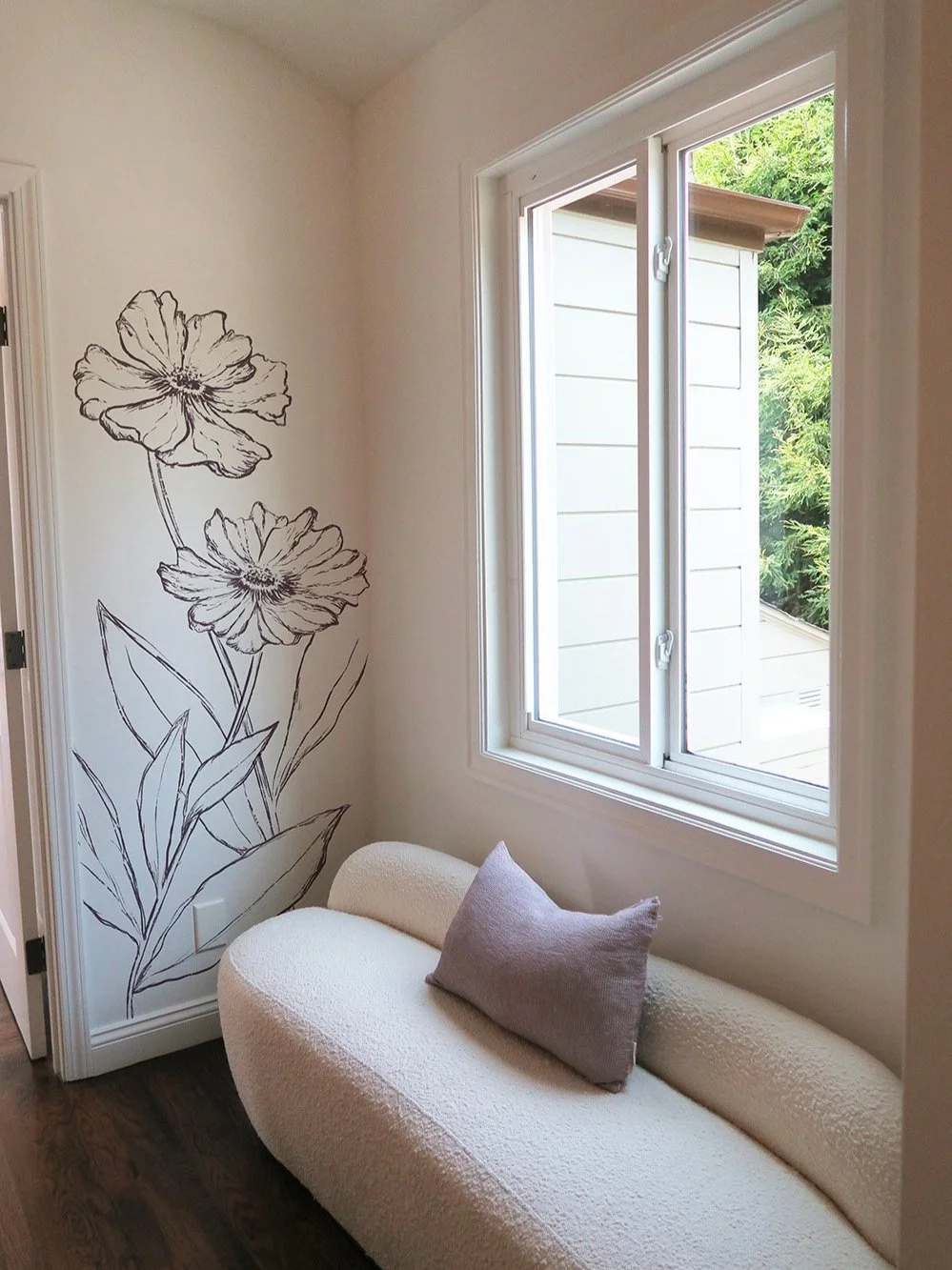 MIKAELA KARTHIK DESIGN - modern hand drawn shaded floral mural in master bedroom hallway nook for peaceful tranquil home interior. Wall Mural San Francisco Bay Area Berkeley East Bay Mural Artist Muralist Home Interior Design For Hire