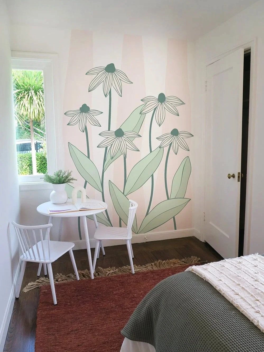 MIKAELA KARTHIK DESIGN - Little girls kids room cottagecore botanical pastel coneflower wall mural. Wall Mural San Francisco Bay Area Berkeley East Bay Mural Artist Muralist Home Interior Design For Hire