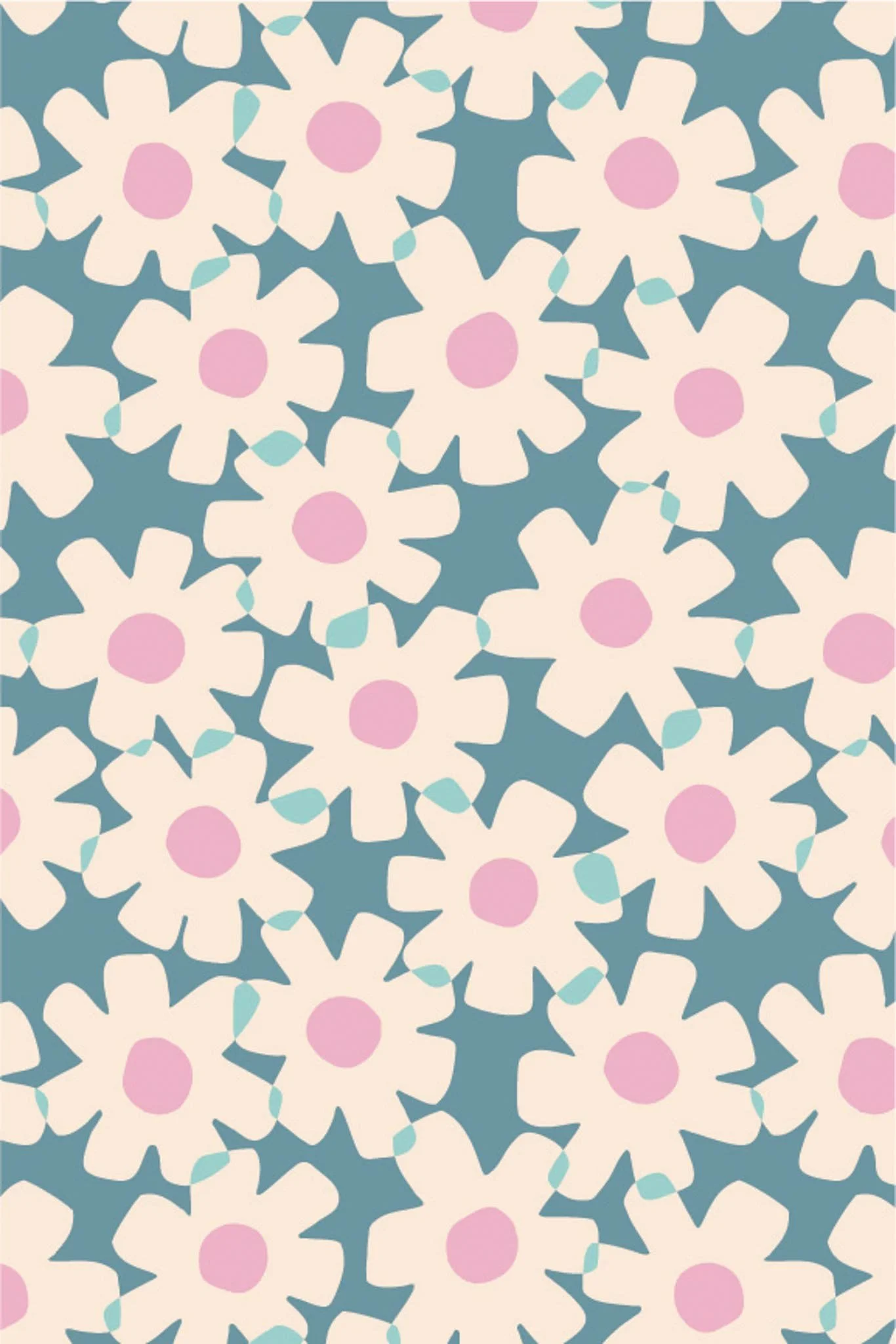 A seamless pattern of pink cartoon flowers with rounded petals and circular centers on a beige background.