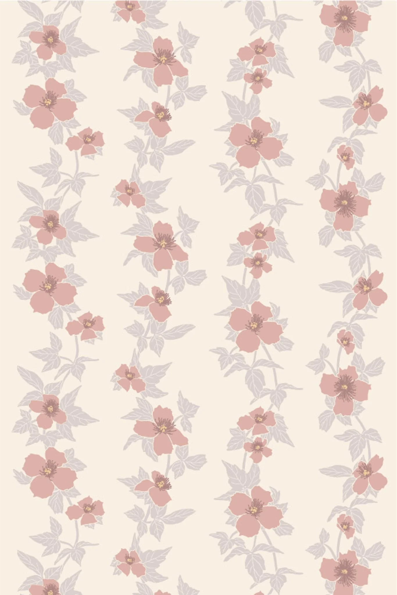 A floral pattern with pink flowers and gray leaves on a beige background, arranged in vertical stripes.