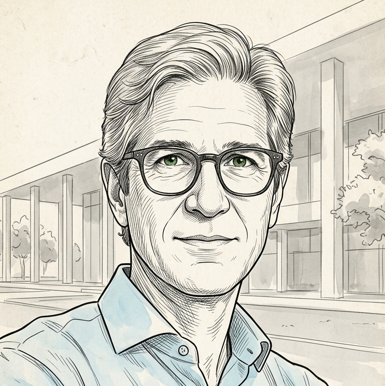 A black-and-white digital drawing of a man with glasses, light-colored hair, wearing a collared shirt, standing outdoors in front of a modern building with trees.