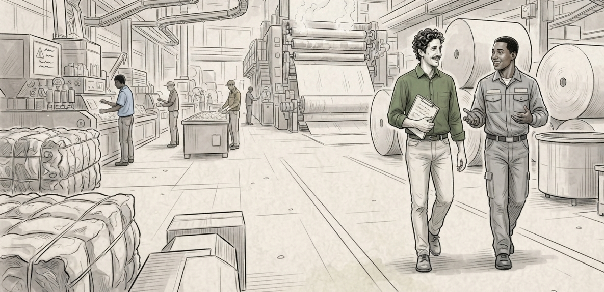 Two men walking and talking in a factory or warehouse setting, surrounded by mechanical and industrial equipment.