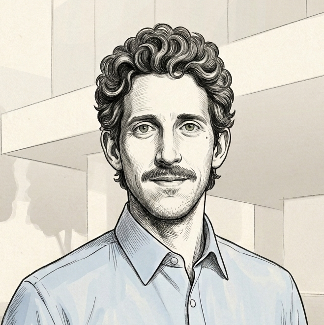 A black-and-white drawing of a man with curly hair and a mustache, wearing a collared shirt, standing outdoors near modern buildings.