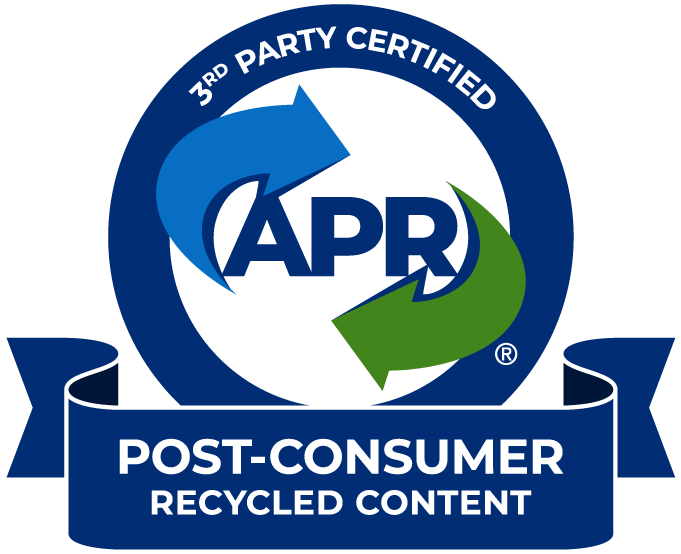 APR third-party certified post-consumer recycled content badge with blue and green arrows and a ribbon that says 'Post-Consumer Recycled Content'.