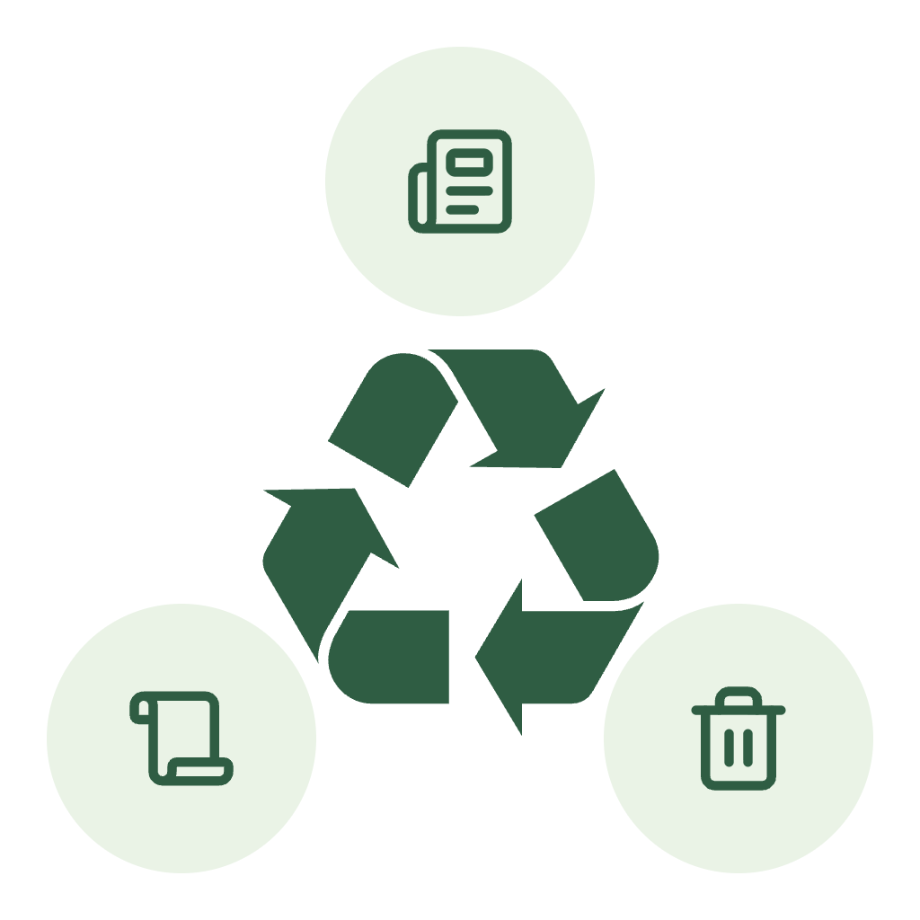 Recycling symbol with icons of paper, fabric, and a trash bin.
