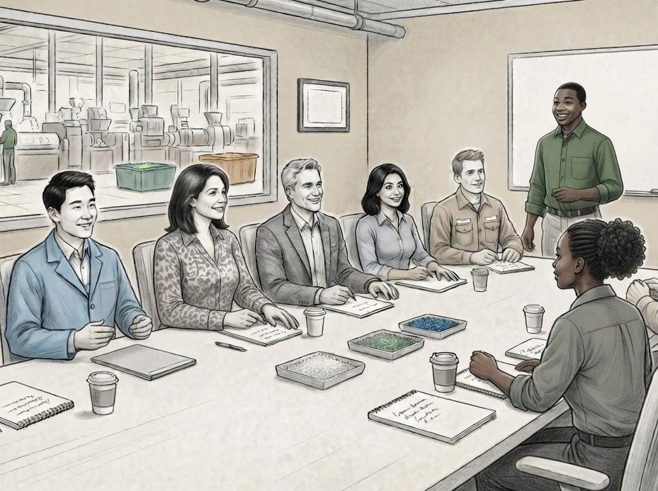A diverse group of seven young professionals, six sitting and one standing, in a meeting room with notebooks and coffee cups on the table, smiling and engaging with each other.