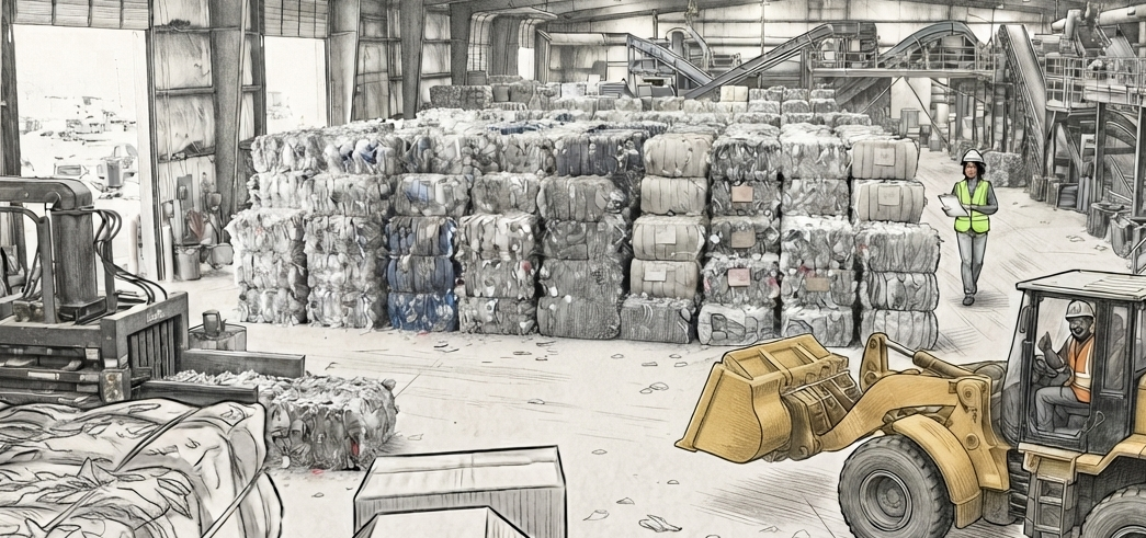 Inside a recycling plant with large bales of compressed materials, a worker with a high-visibility vest and helmet using a clipboard, and a forklift operator moving materials.