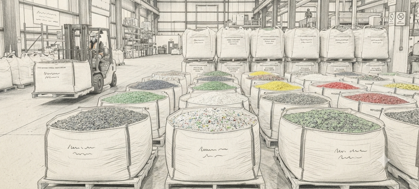 Warehouse with large bags of materials and a forklift spanning across the foreground, with colorful powders or granules in open bags in the center.