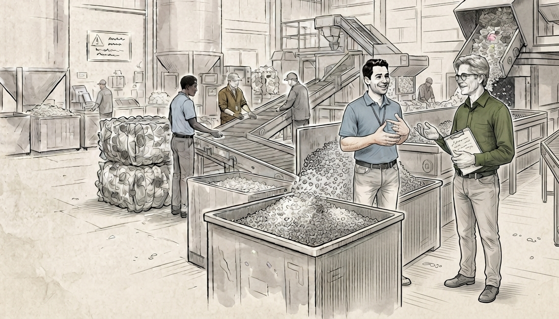 Workers processing recyclable materials in a warehouse, with two men in conversation in the foreground.