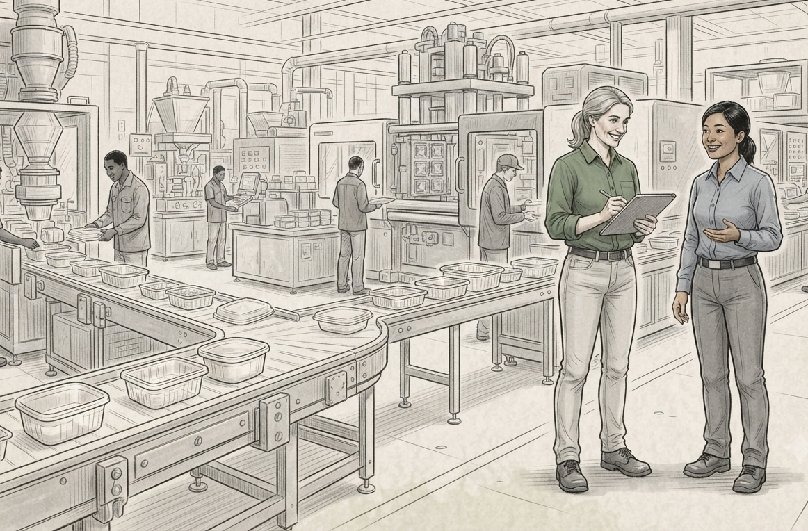Illustration of a manufacturing or packaging facility with workers and two women discussing, one holding a tablet and the other speaking, surrounded by conveyor belts, containers, and industrial equipment.