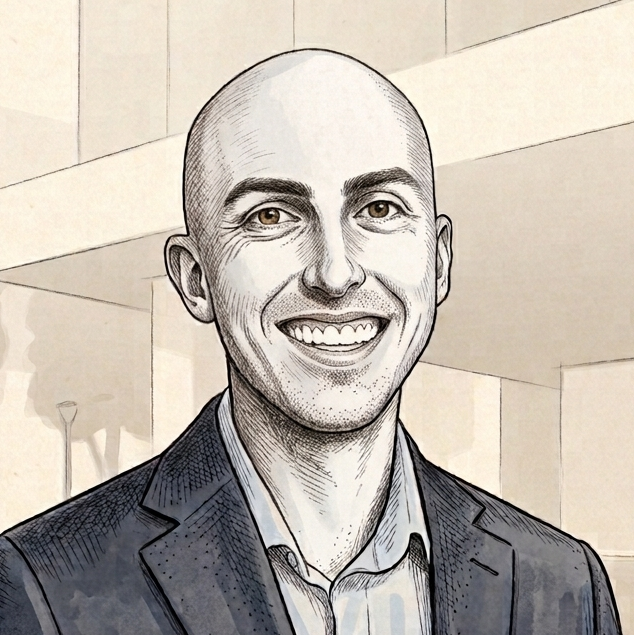 A digitally stylized black-and-white portrait of a smiling man in a suit jacket and collared shirt, in an indoor setting.