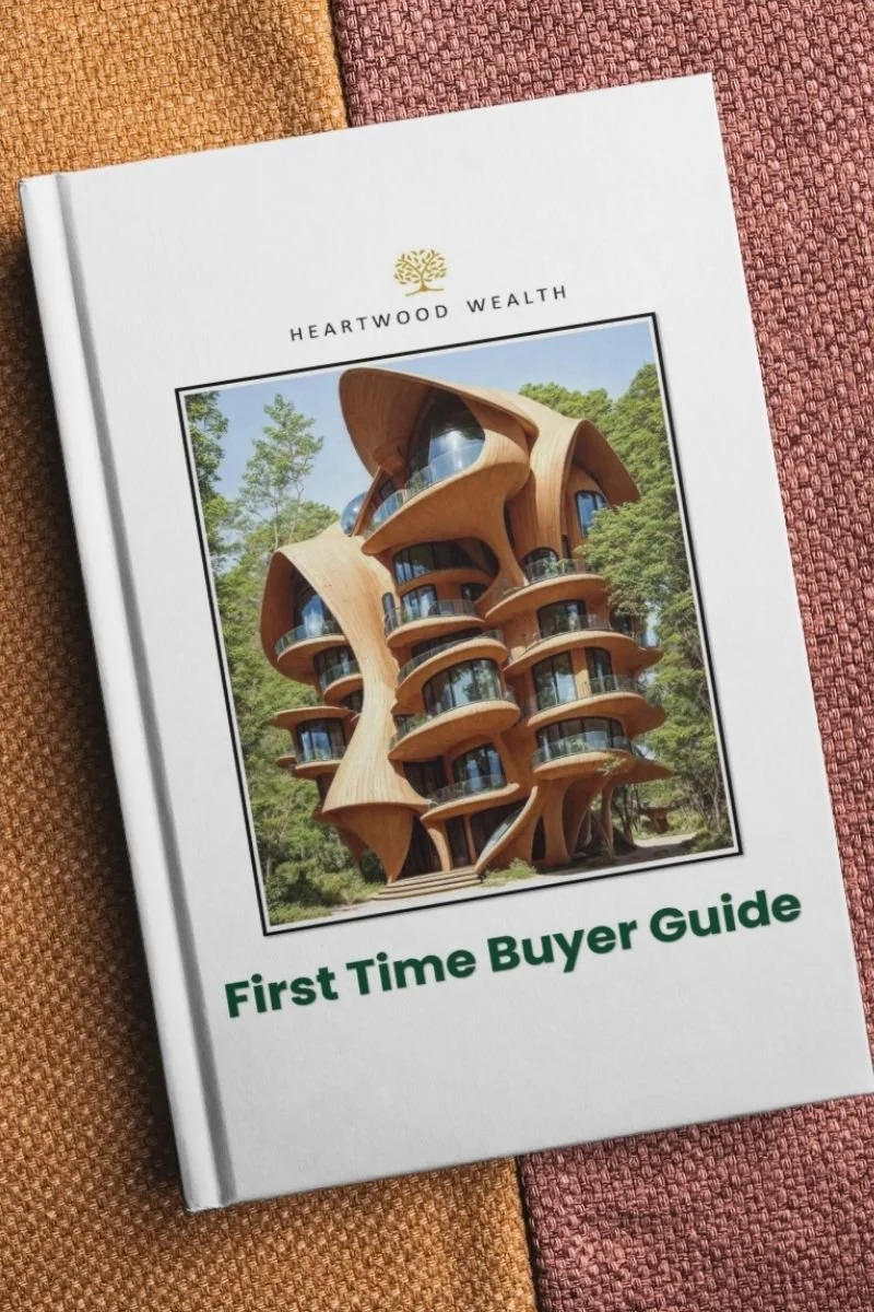 A guidebook titled "First Time Buyer Guide" with a cover photo of a modern, tree-inspired wooden building, placed on a multicolored fabric surface.