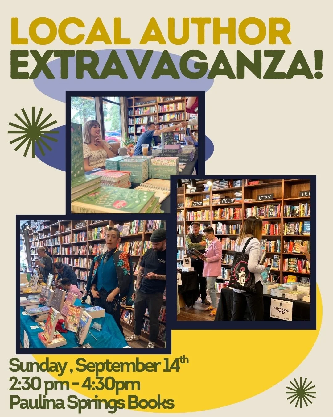 🎉🎉You're Invited to the LOCAL AUTHOR EXTRAVAGANZA!!
Sunday, September 14th 2:30 - 4:30
@paulinaspringsbooks 

👏Eleven local authors will be pitching their books for five minutes each then break out for signing!

💸Tickets to the Extravaganza come 