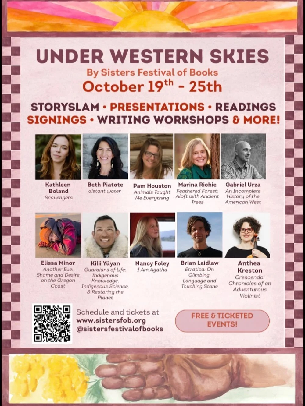 ☀️☀️We are excited to welcome these authors to Sisters in just a few weeks!! 👀 Have you snagged your tickets yet?  @kiliiiyuyan @bethpiatote @antheakreston @blaidlawmusic @gabriel_urza @marinarichie1 @blaidlawmusic @pamlhouston @kpboland