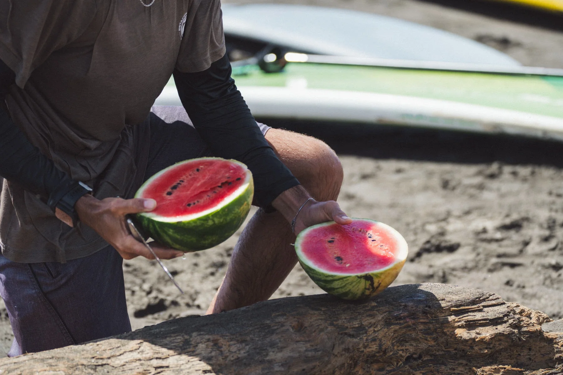 Fresh watermelon shared after a surf trip session in Costa Rica, enjoying the laid-back beach lifestyle of the North Pacific coast.