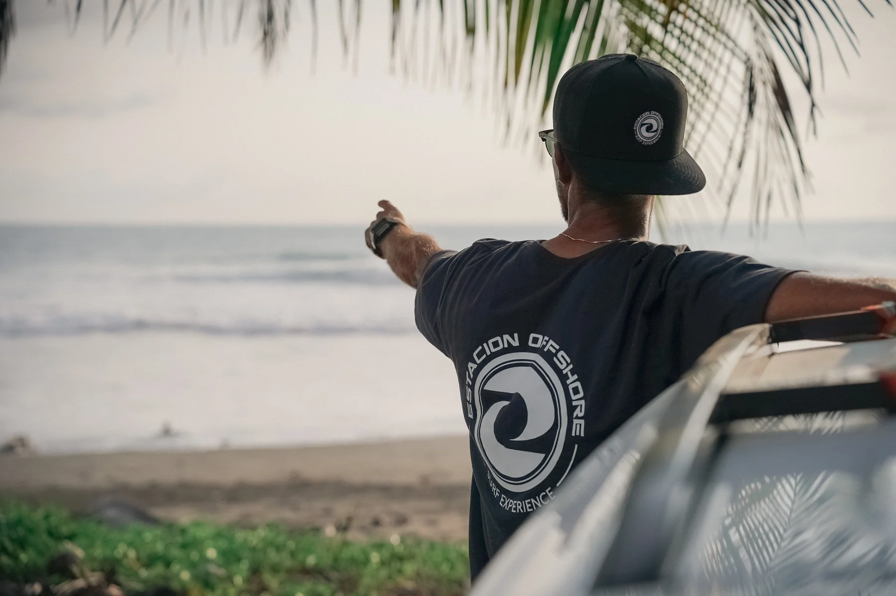Surf guide pointing towards the ocean during a surf trip in Costa Rica, palm trees in the foreground.