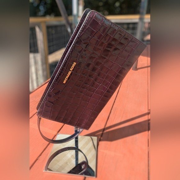 Michael Kors Crocodile Embossed Leather Crossbody or Clutch, Burgundy