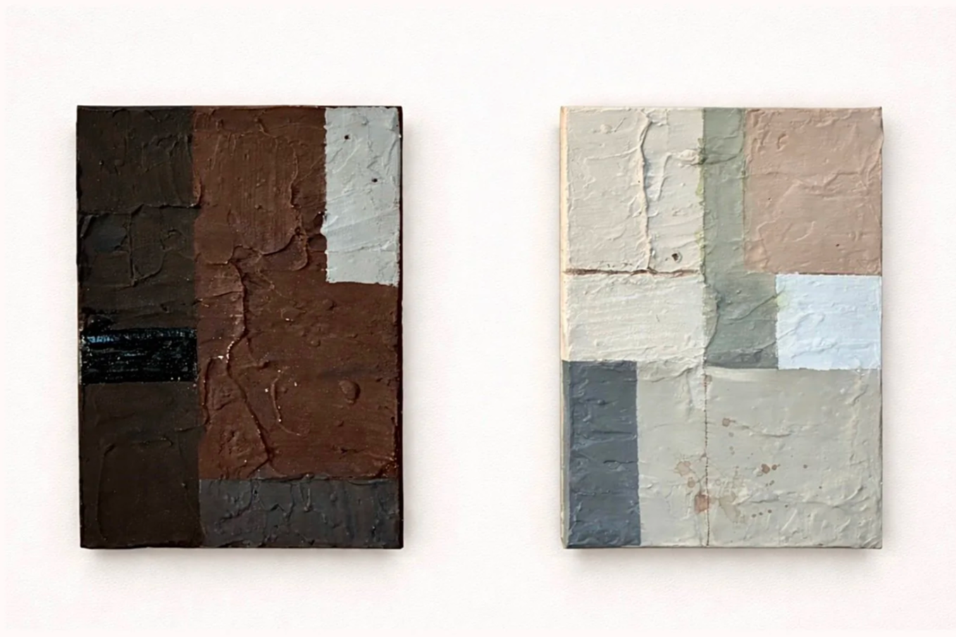Sedimentary Fragments, 2026
Acrylic, plaster, spray paint, and colored pencil on canvas 
(Set of 2) Each 6 x 8 in