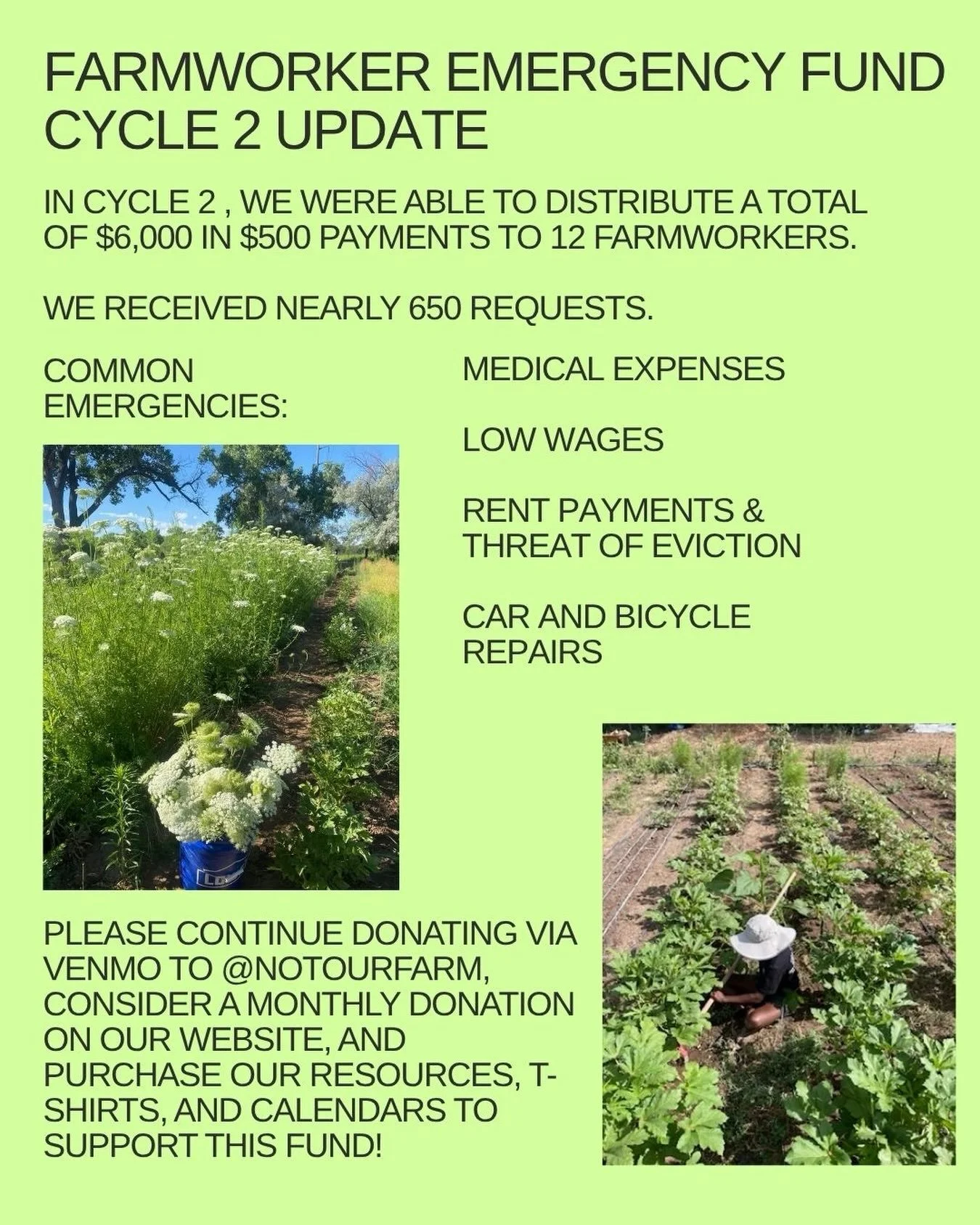 Hello everyone! We would like to share an update on the second cycle of our farmworker emergency fund.&nbsp;

During this cycle, we were able to distribute a total of $6,000 in $500 payments to 12 farmworkers. We are happy to have been able to distri