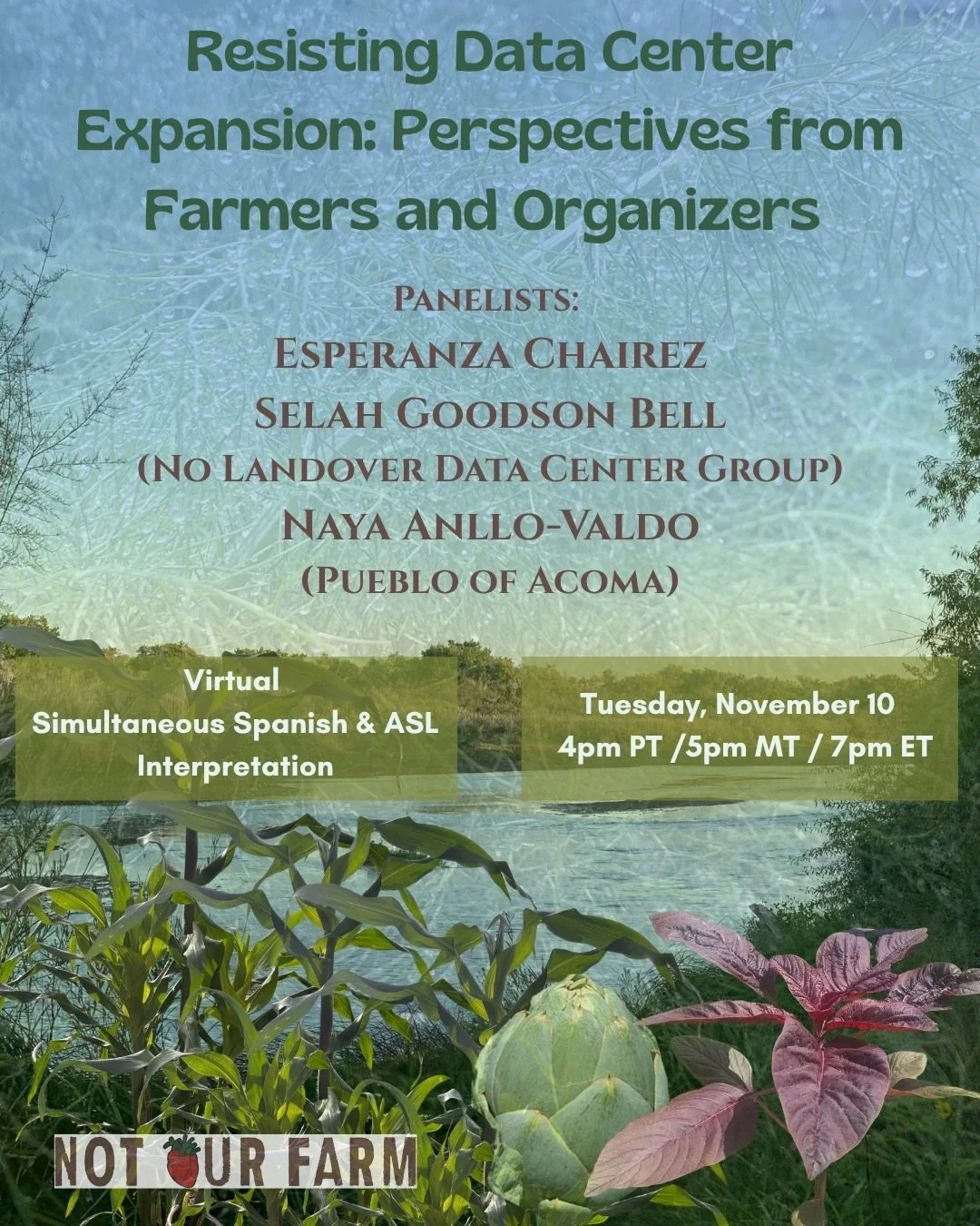 Not Our Farm is looking forward to hosting a conversation about resisting the expansion of data centers from a food sovereignty and food systems perspective. We will hear from organizers and farmers organizing against the construction of data centers