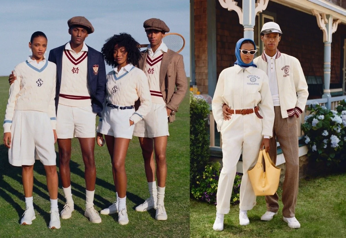 Two groups of people in vintage tennis-inspired fashion, standing outdoors near a house with flowers.