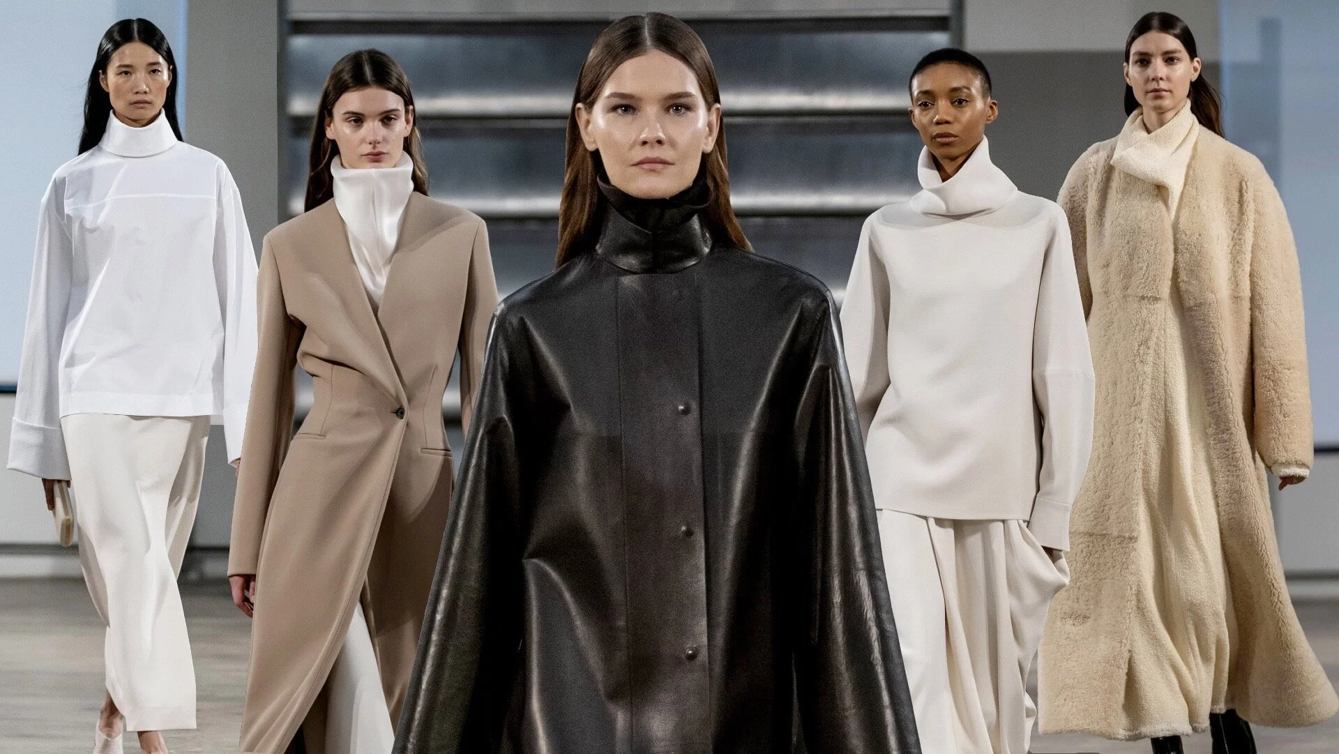 Fashion models walking on a runway wearing minimalist outfits, including black leather, beige coats, and white tops.