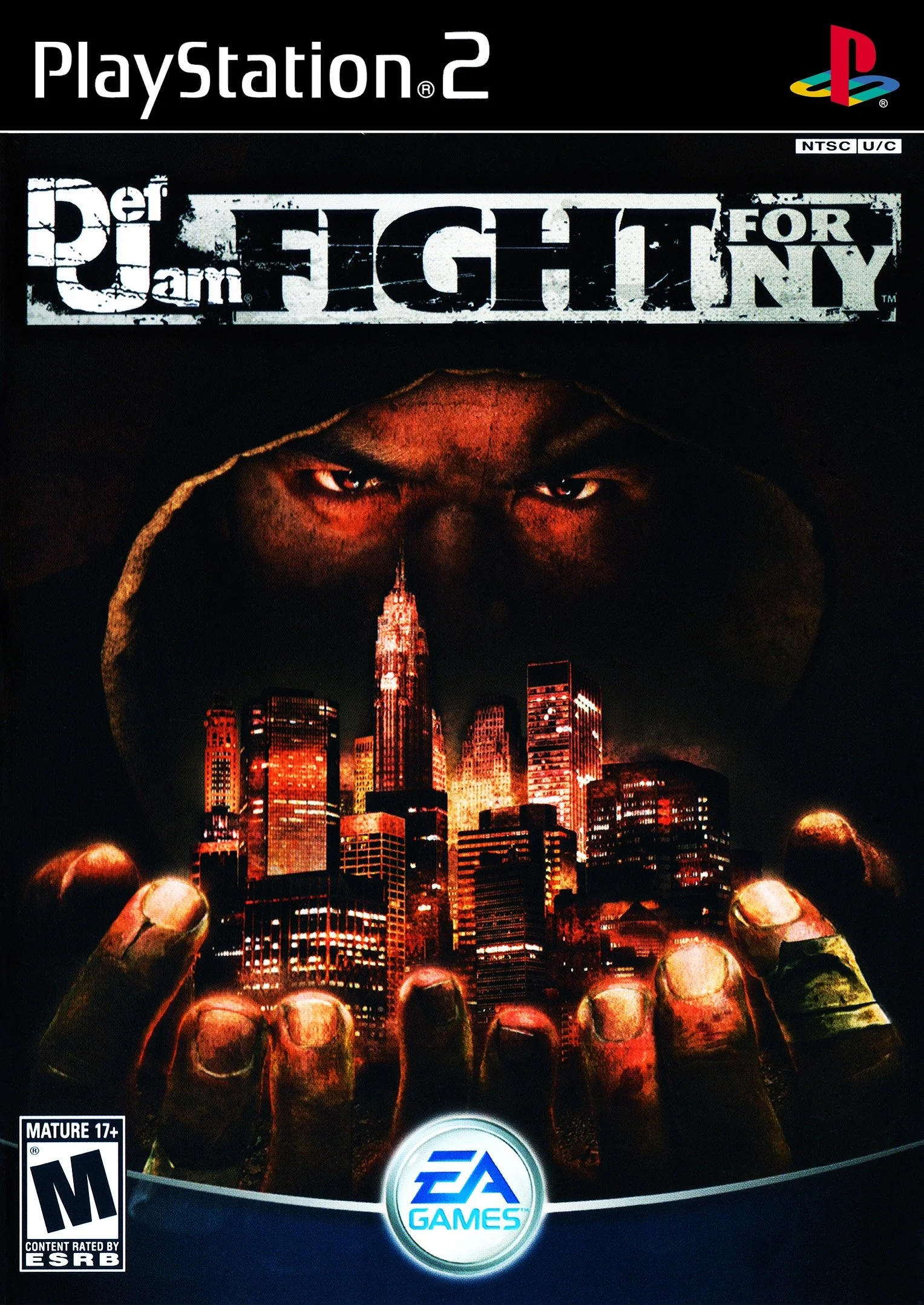 Cover art of the PlayStation 2 game 'Def Jam: Fight for NY' featuring a dark-skinned man with intense eyes emerging from a city skyline, with his hand gripping the cityscape.
