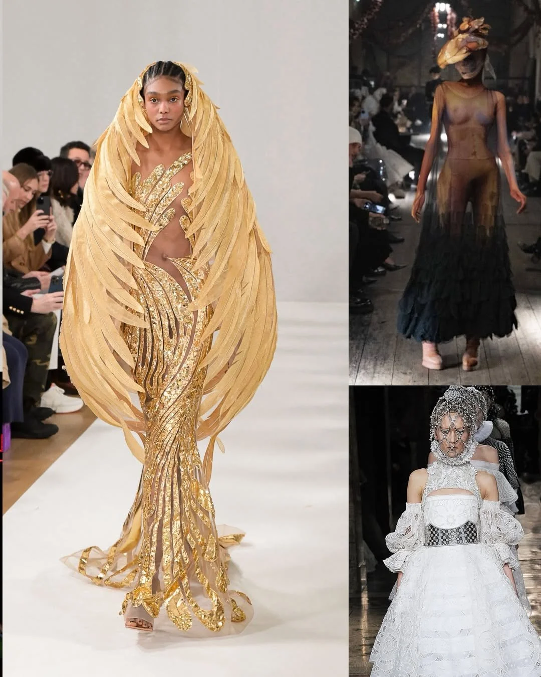 Three models walking on runway in intricate high fashion dresses with elaborate designs and accessories.
