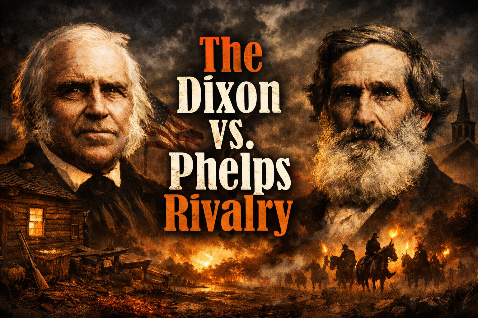 AI image of rustic pioneer times town with men riding horses with fire and guns and the heads of Dixon and Phelps with the text "The Dixon vs. Phelps Rivalry"